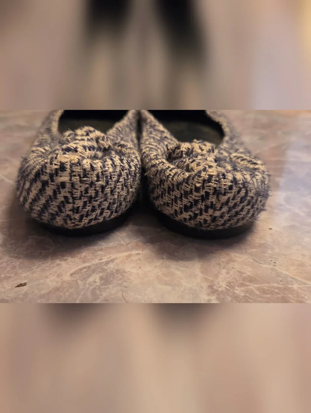 Tory Burch Black and Cream Tweed Ballet Flats with Gold Logo